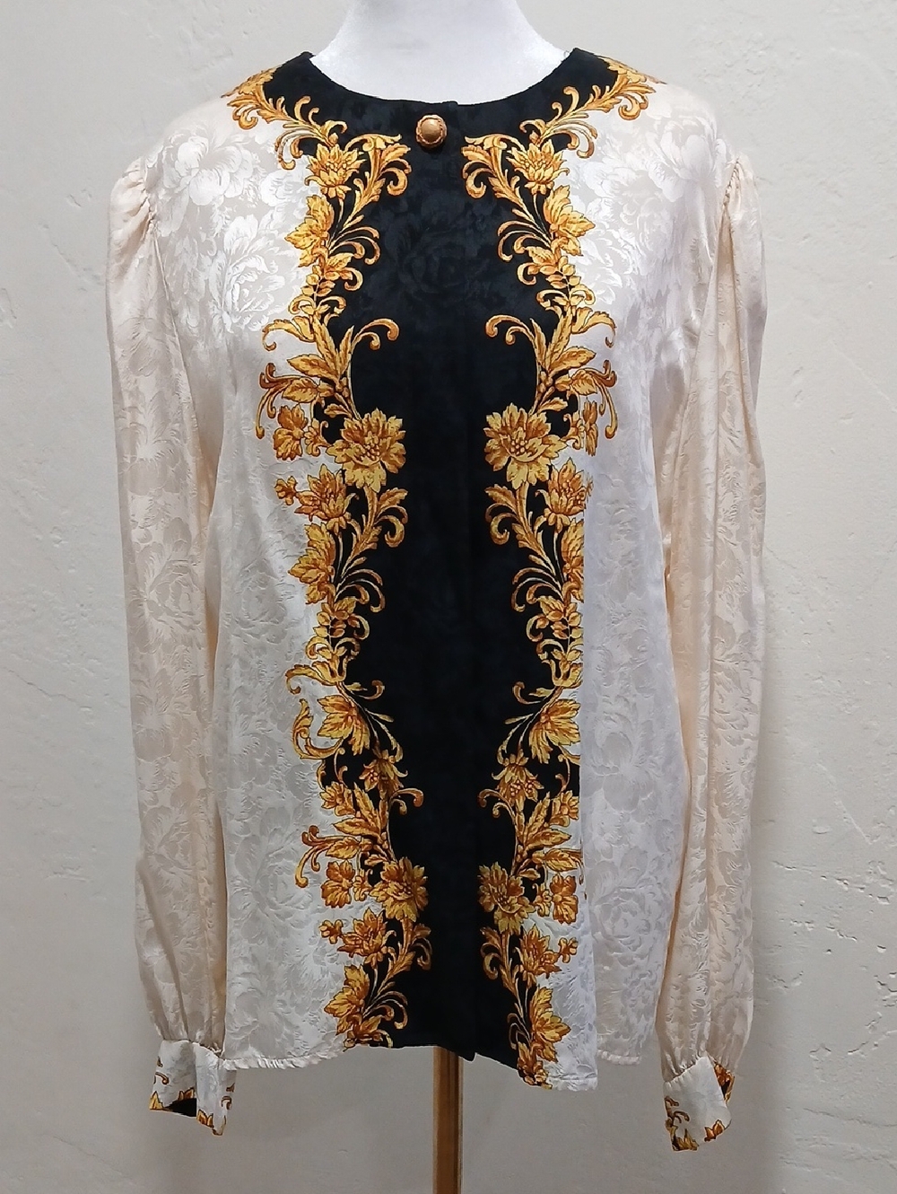 Maggy London Cream Blouse Dress with Black & Gold Floral Trim